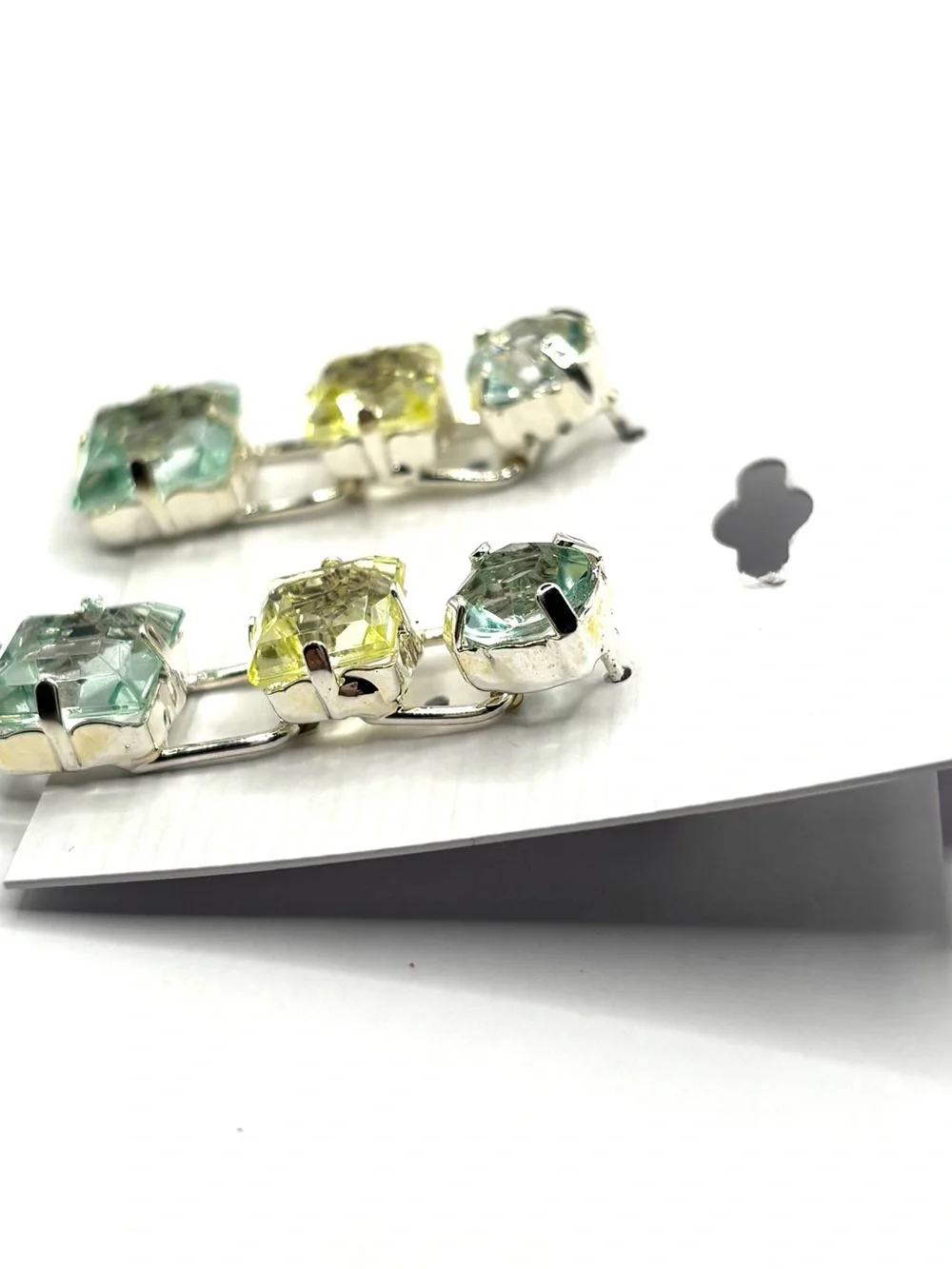 Tonal Green Yellow Crystal Tiered Square Drop Earrings in Silver Tone